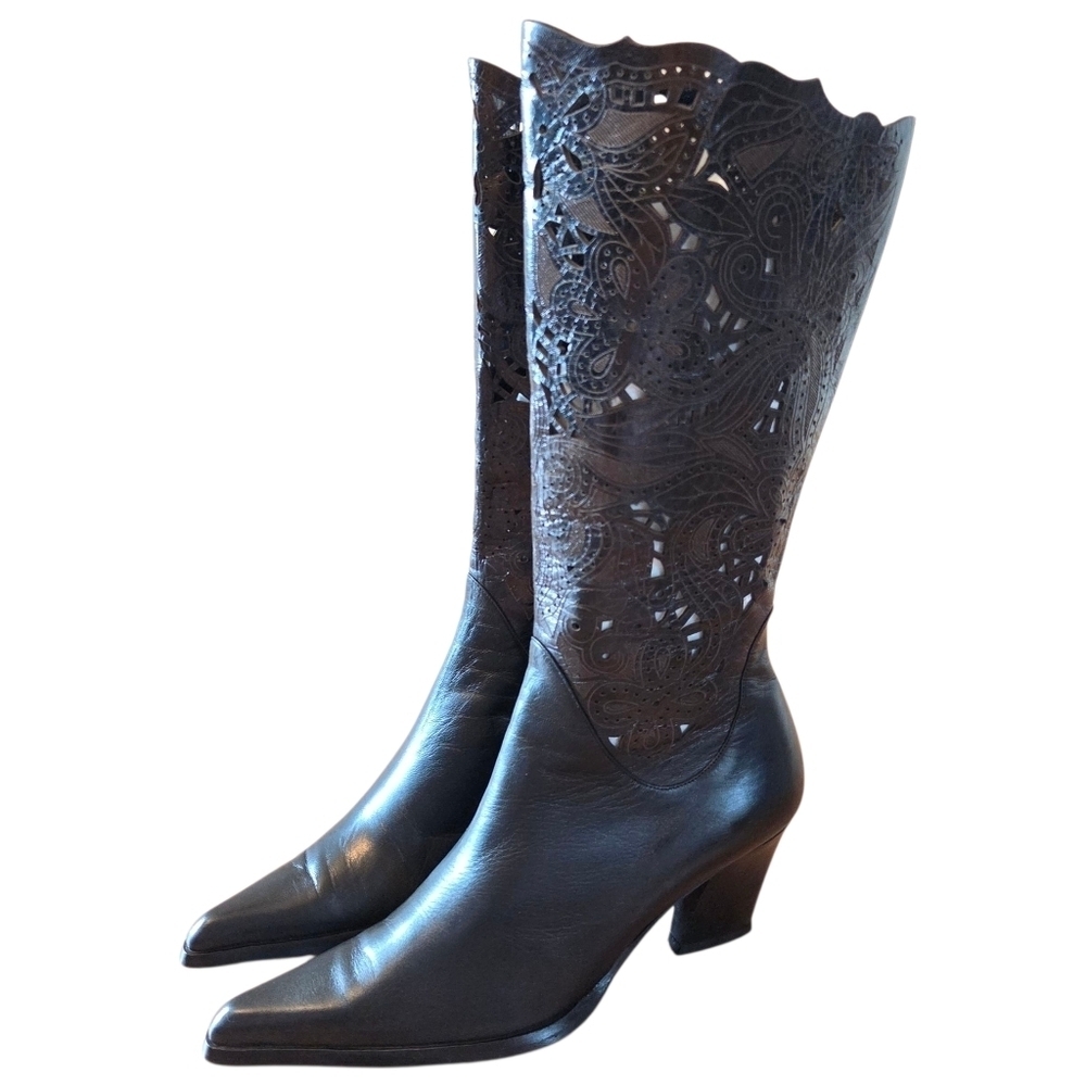 Franco Paolucci Black Italian Leather Filigree Cut Out Heeled Boots Size 38